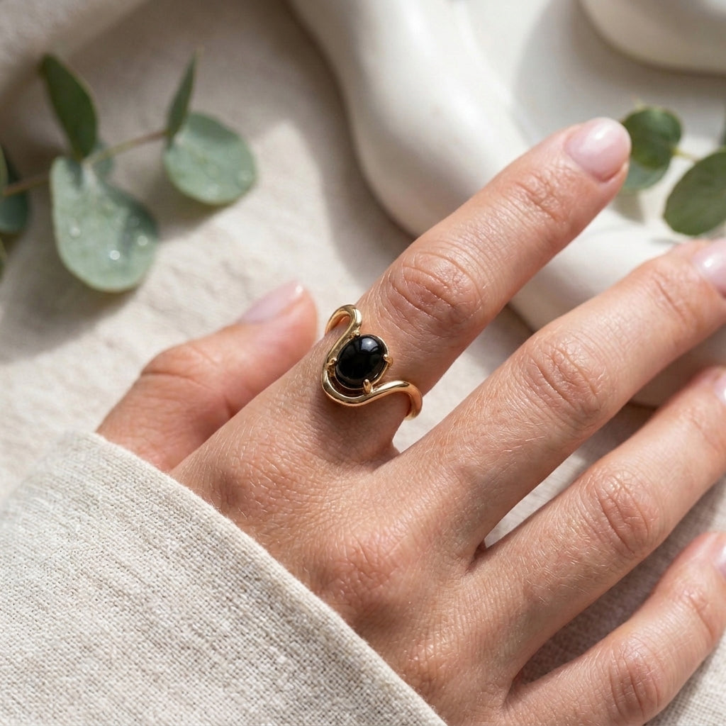 Bold Black oval Stone Wave Ring