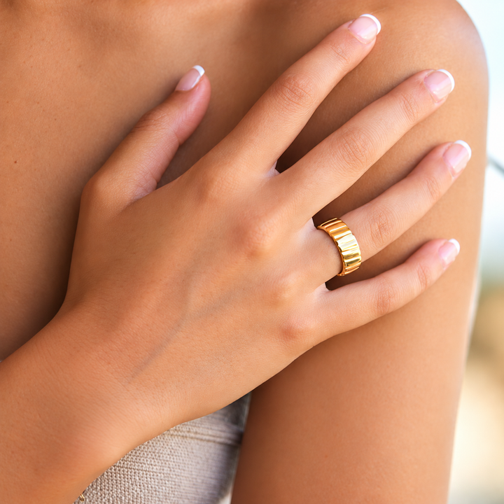 Golden Groove Ribbed Statement Band Ring