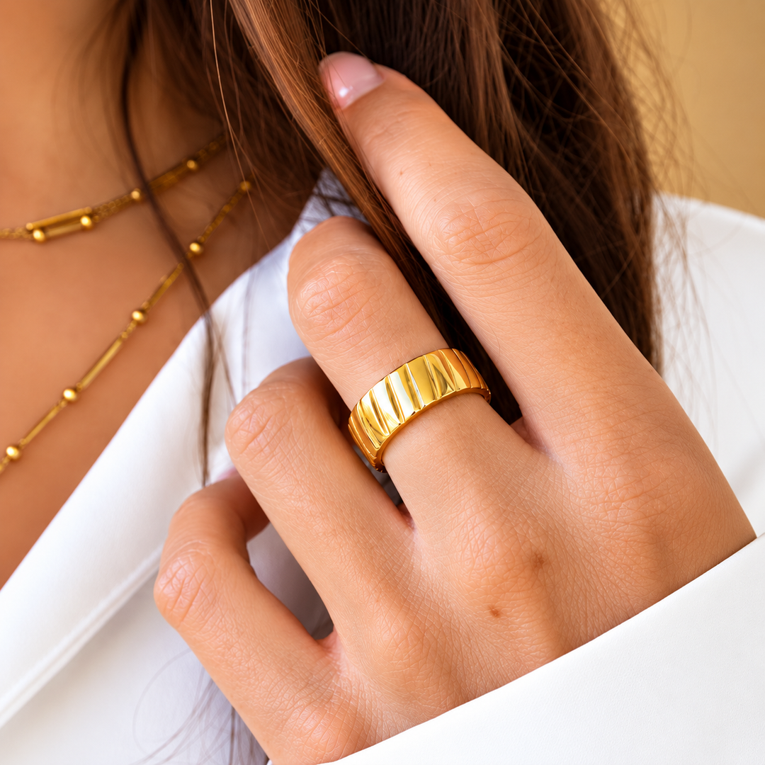 Golden Groove Ribbed Statement Band Ring
