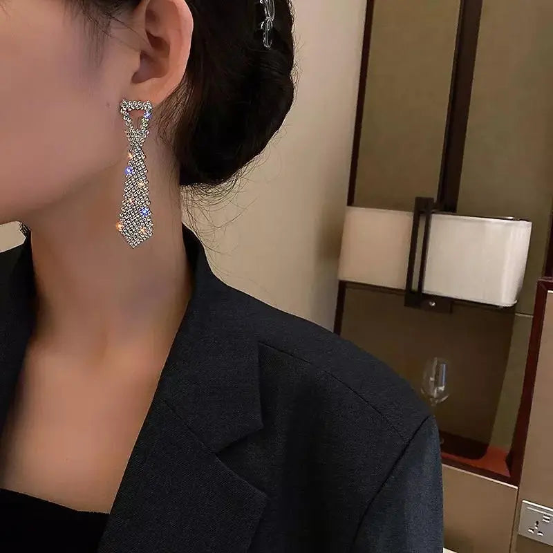 Tie Brooch Zircon Studded Drop Earrings