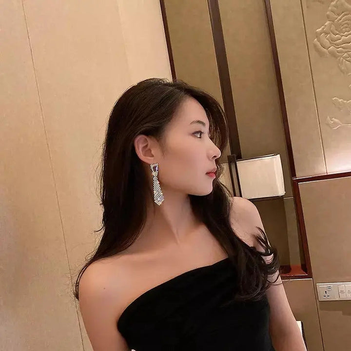 Tie Brooch Zircon Studded Drop Earrings