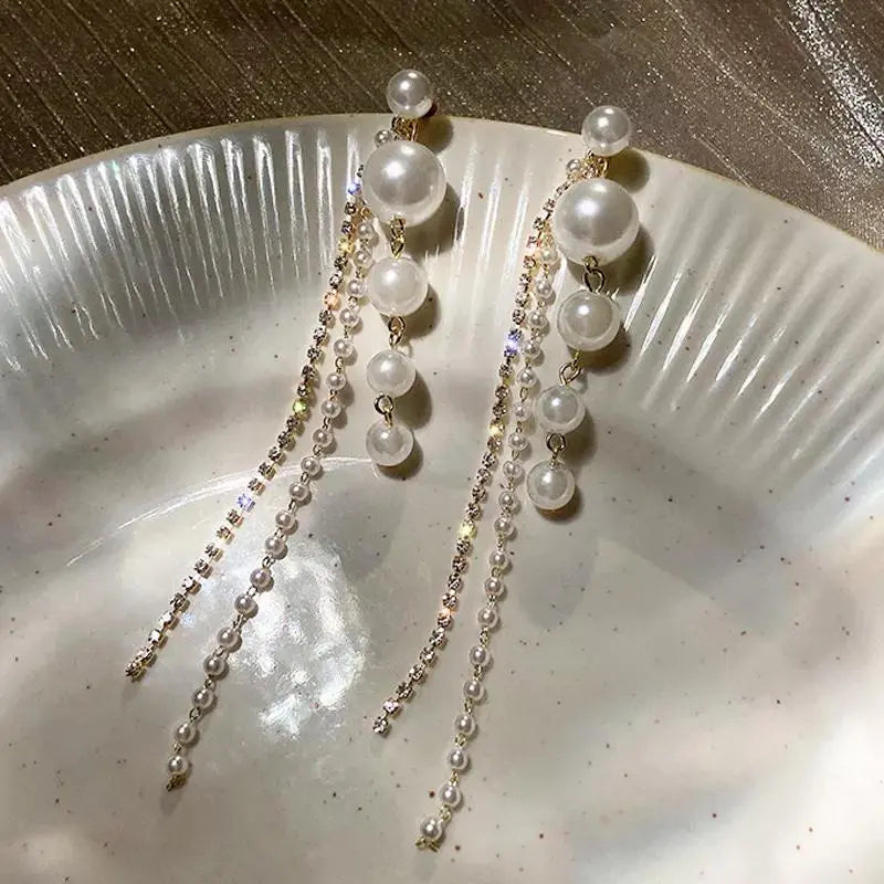 Romantic Pearl Zircon Long Tassel Earrings (2-in-1) | Salty