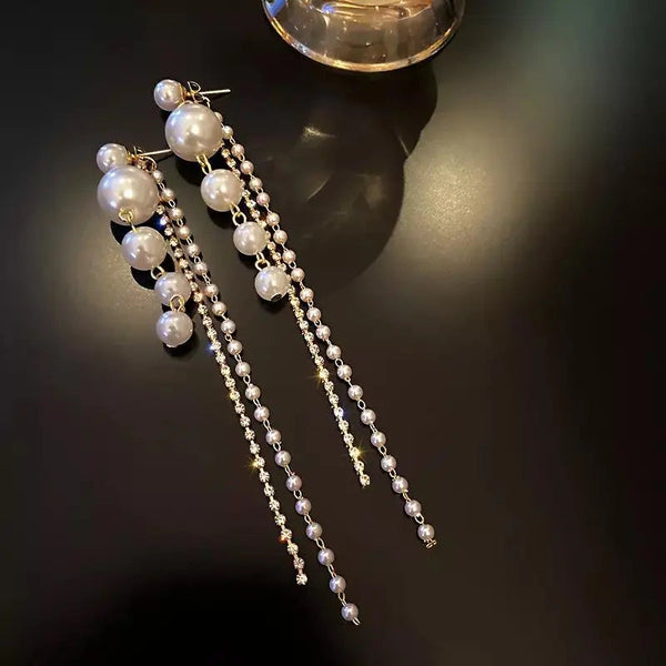Romantic Pearl Zircon Long Tassel Earrings (2-in-1)