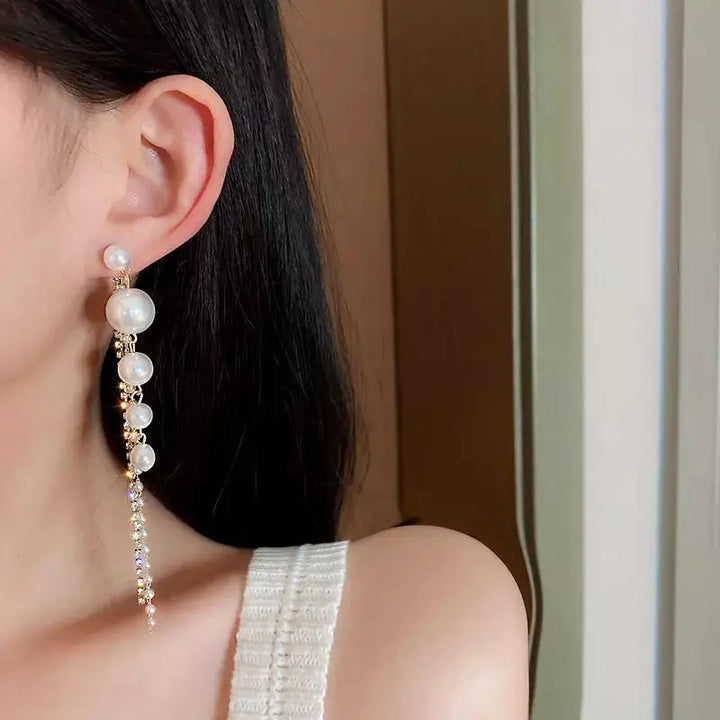 Romantic Pearl Zircon Long Tassel Earrings (2-in-1) | Salty