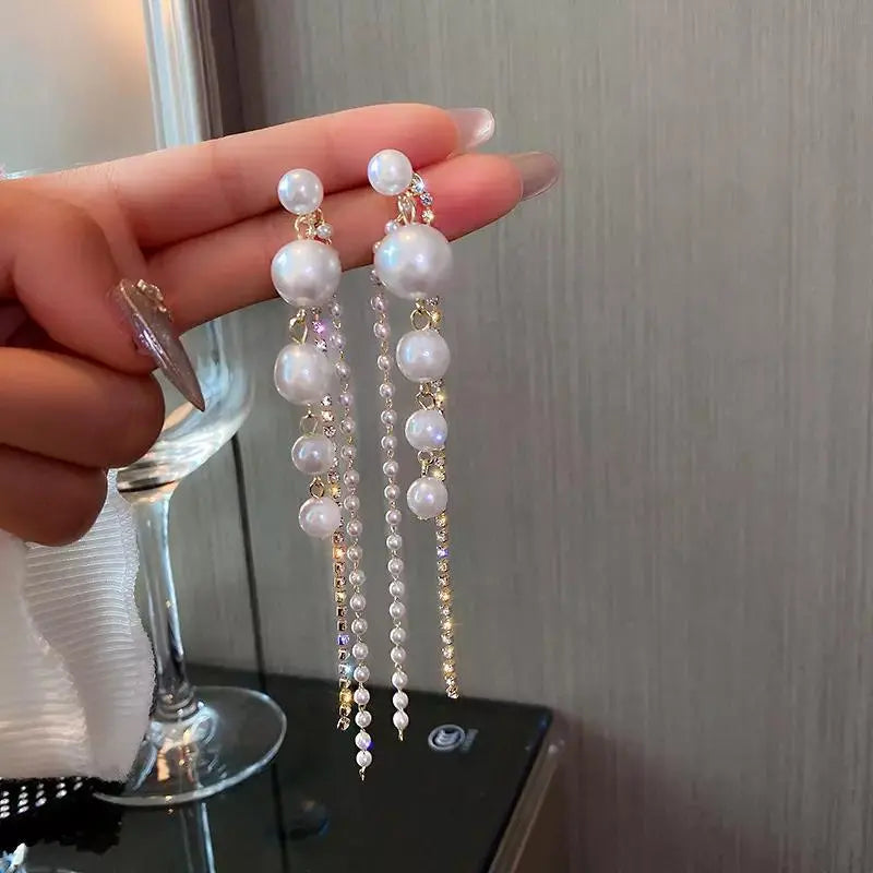 Romantic Pearl Zircon Long Tassel Earrings (2-in-1)