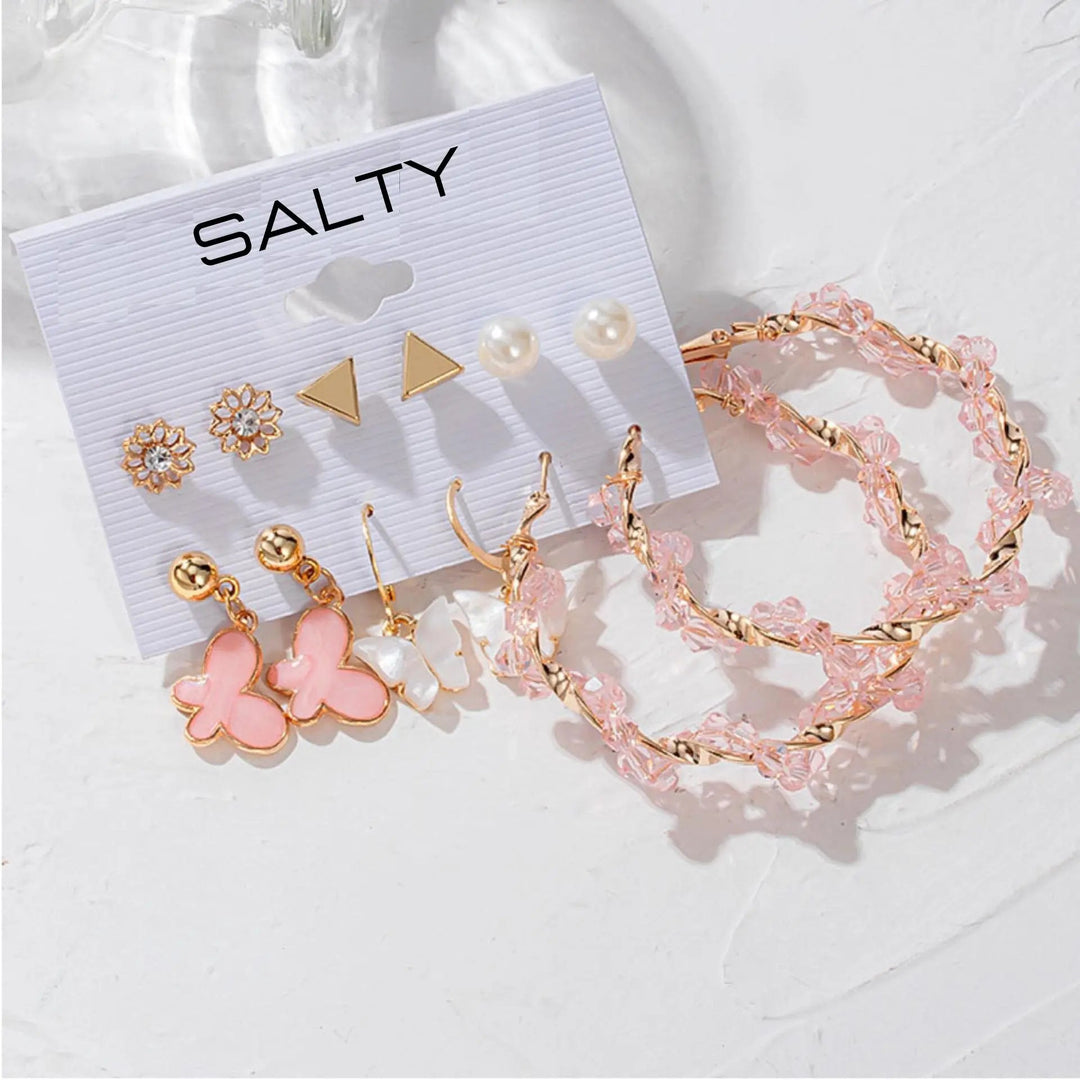 Set of 6 Pink Hoops and Butterfly Earrings and Studs - Salty Accessories