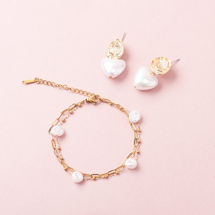 Pearl & Poise Heart Earrinngs and Bracelet Combo