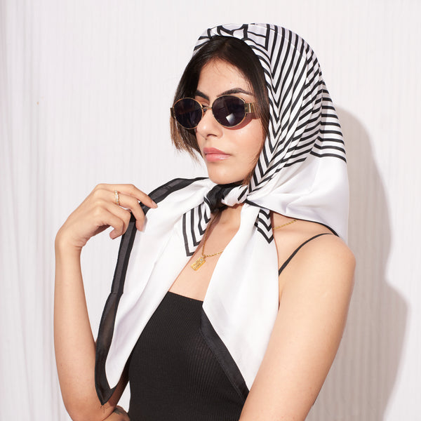 White Black Striped Luxury Silk Stole