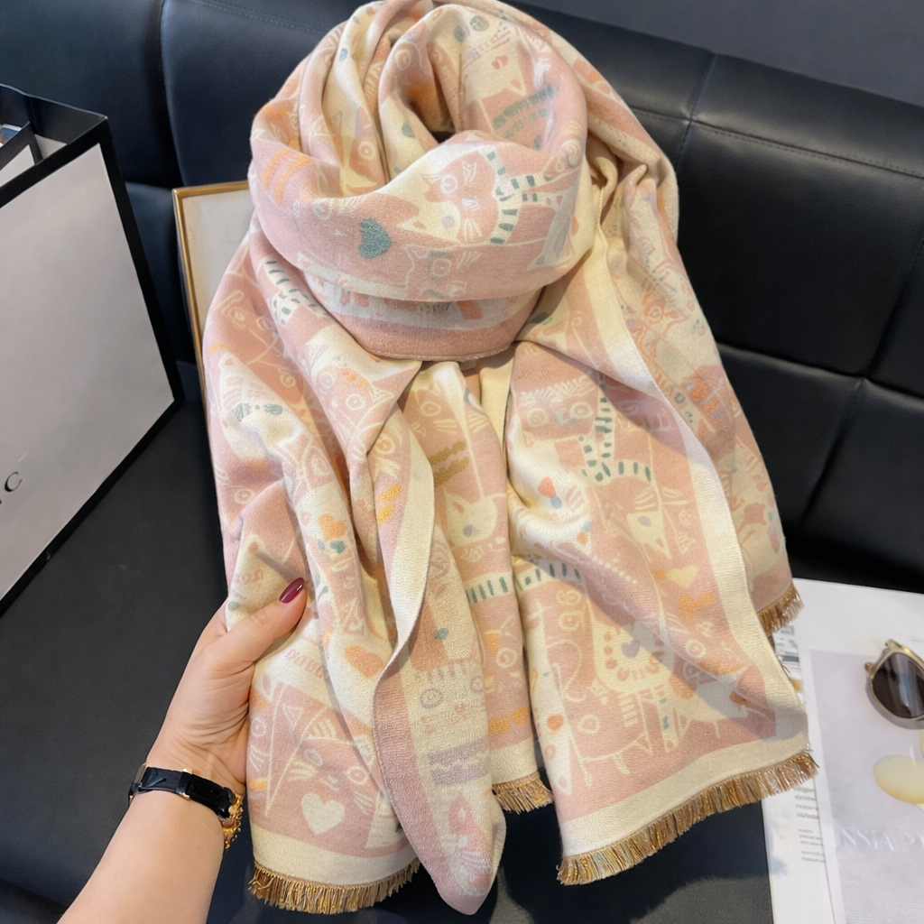 Cozy Meows Print Winter Scarf - Beigepink - Salty Accessories