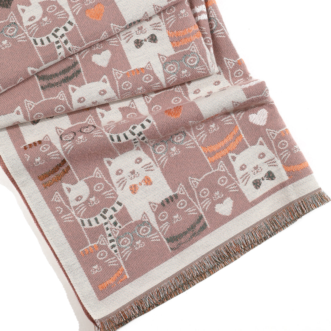 Cozy Meows Print Winter Scarf - Beigepink