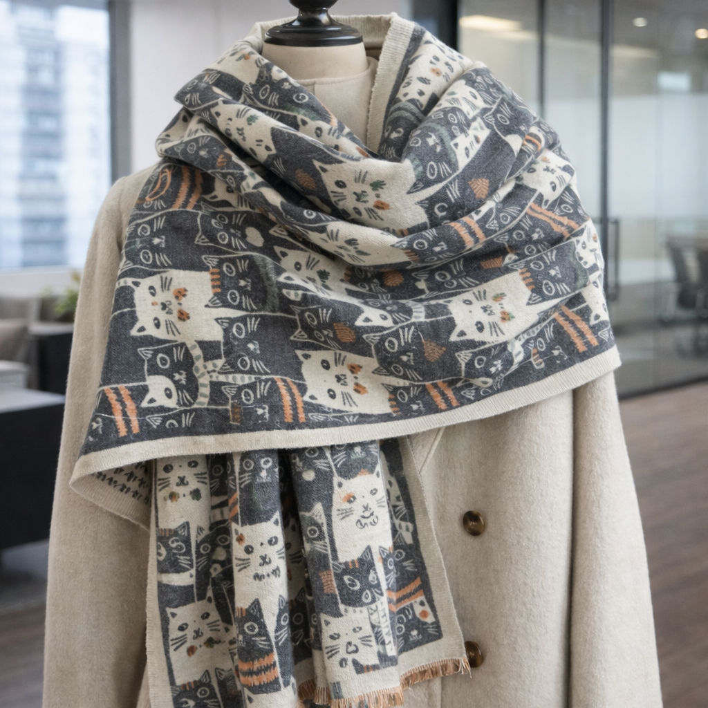Cozy Meows Print Winter Scarf - Dark Grey - Salty Accessories