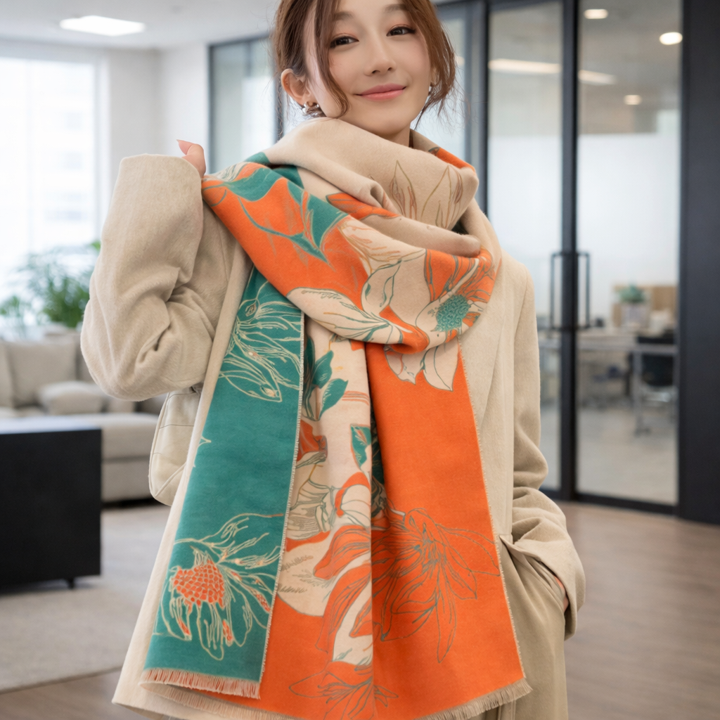 Vibrant Bloom Artistic Winter Scarf - Orange - Salty Accessories