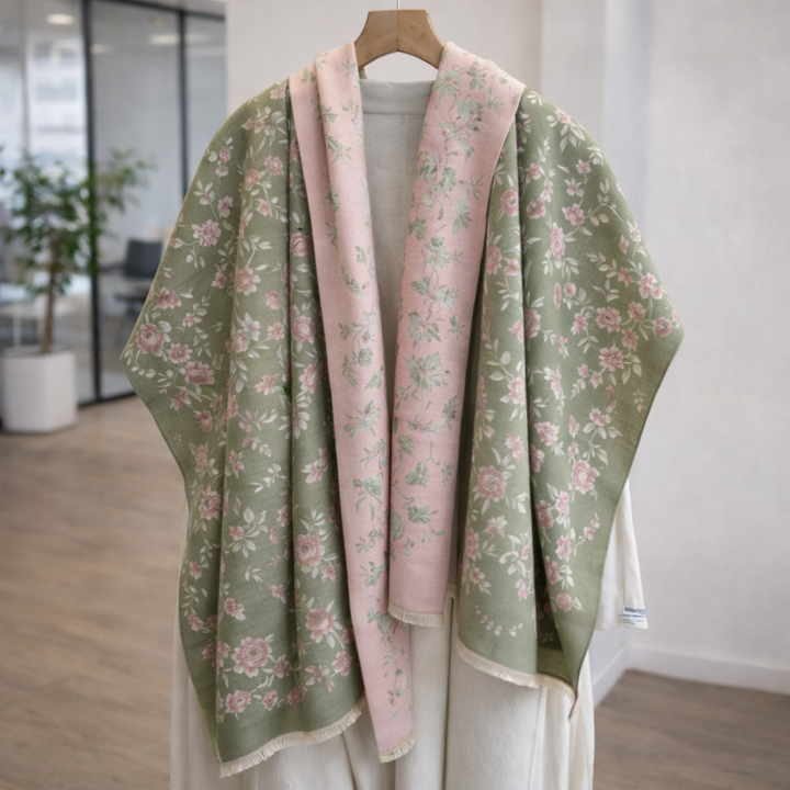 Eden Bloom Reversible Shawl - Green Pink - Salty Accessories
