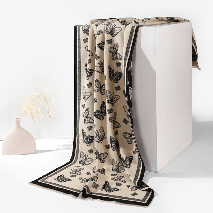 Butterfly Print Two Tone Shawl - Black