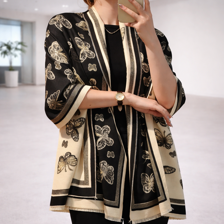 Butterfly Print Two Tone Shawl - Black - Salty Accessories