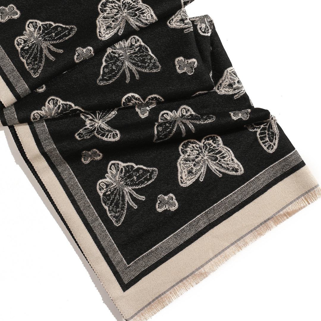 Butterfly Print Two Tone Shawl - Black