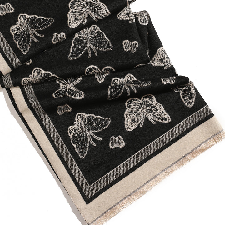 Butterfly Print Two Tone Shawl - Black