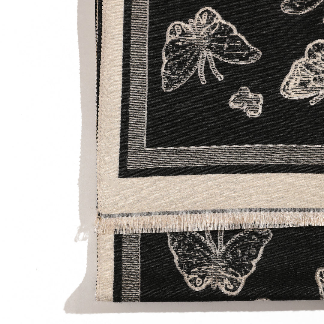 Butterfly Print Two Tone Shawl - Black