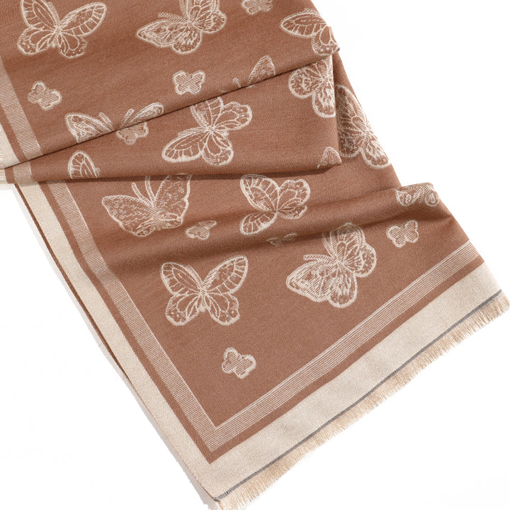 Butterfly Print Two Tone Shawl - Light Brown
