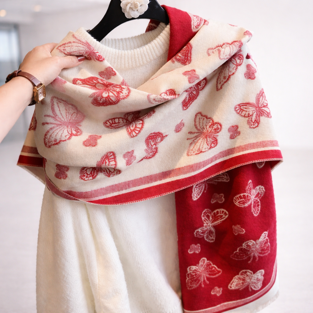 Butterfly Print Two Tone Shawl - Maroon - Salty Accessories