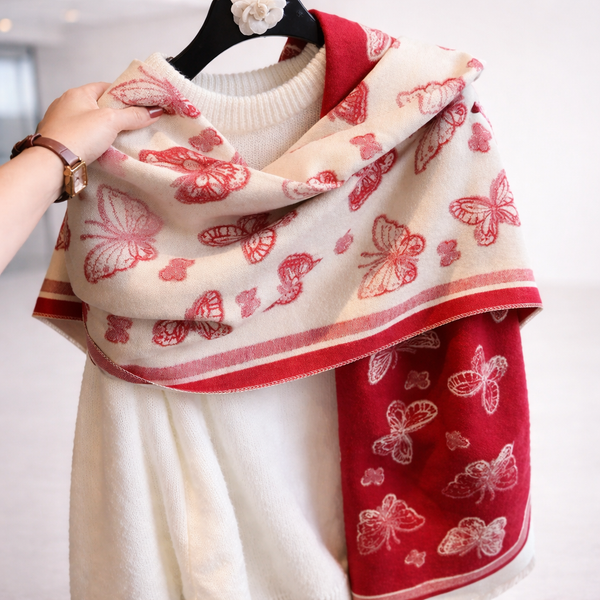 Butterfly Print Two Tone Shawl - Maroon