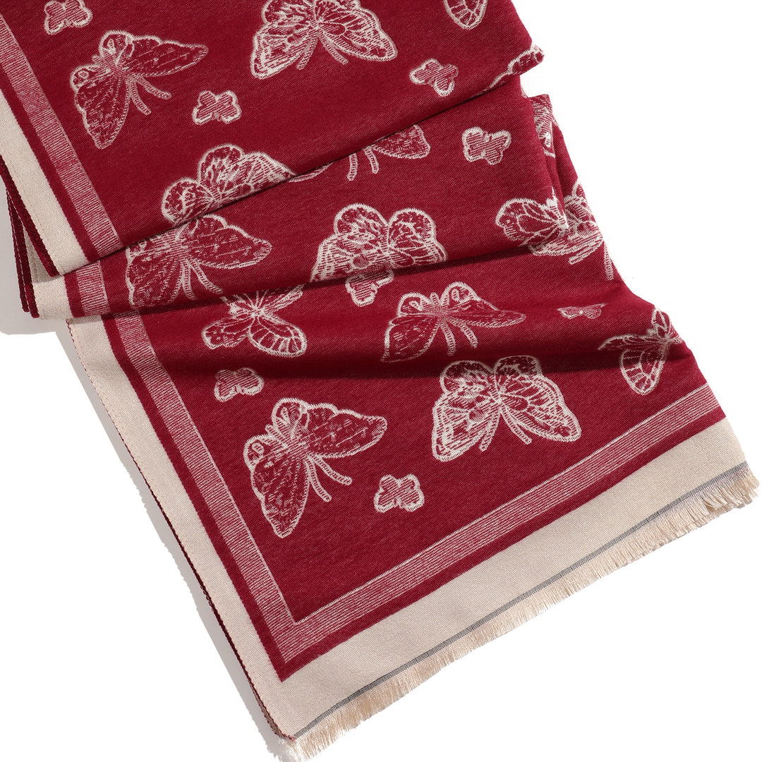 Butterfly Print Two Tone Shawl - Maroon