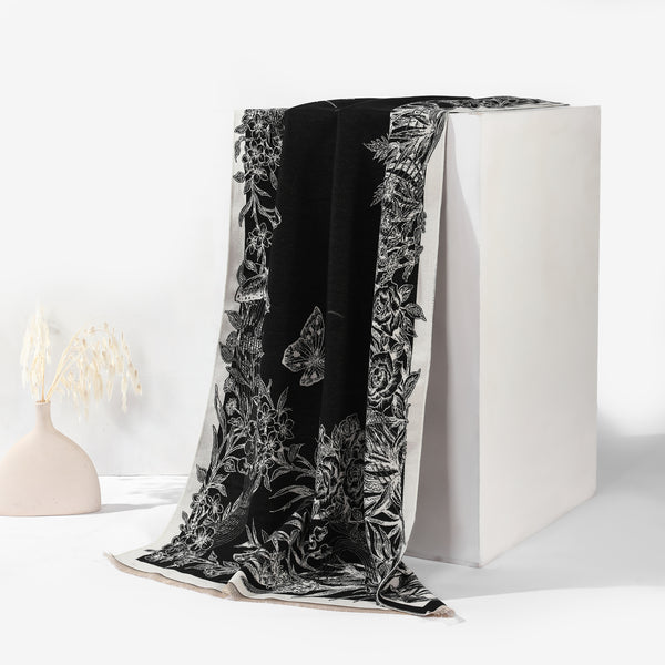 BloomWave Rose Print Shawl - Black