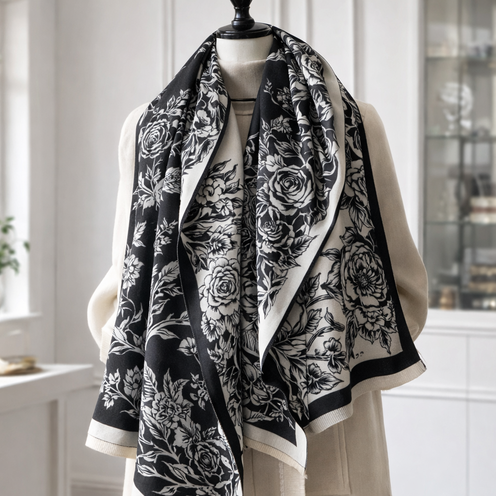 BloomWave Rose Print Shawl - Black - Salty Accessories