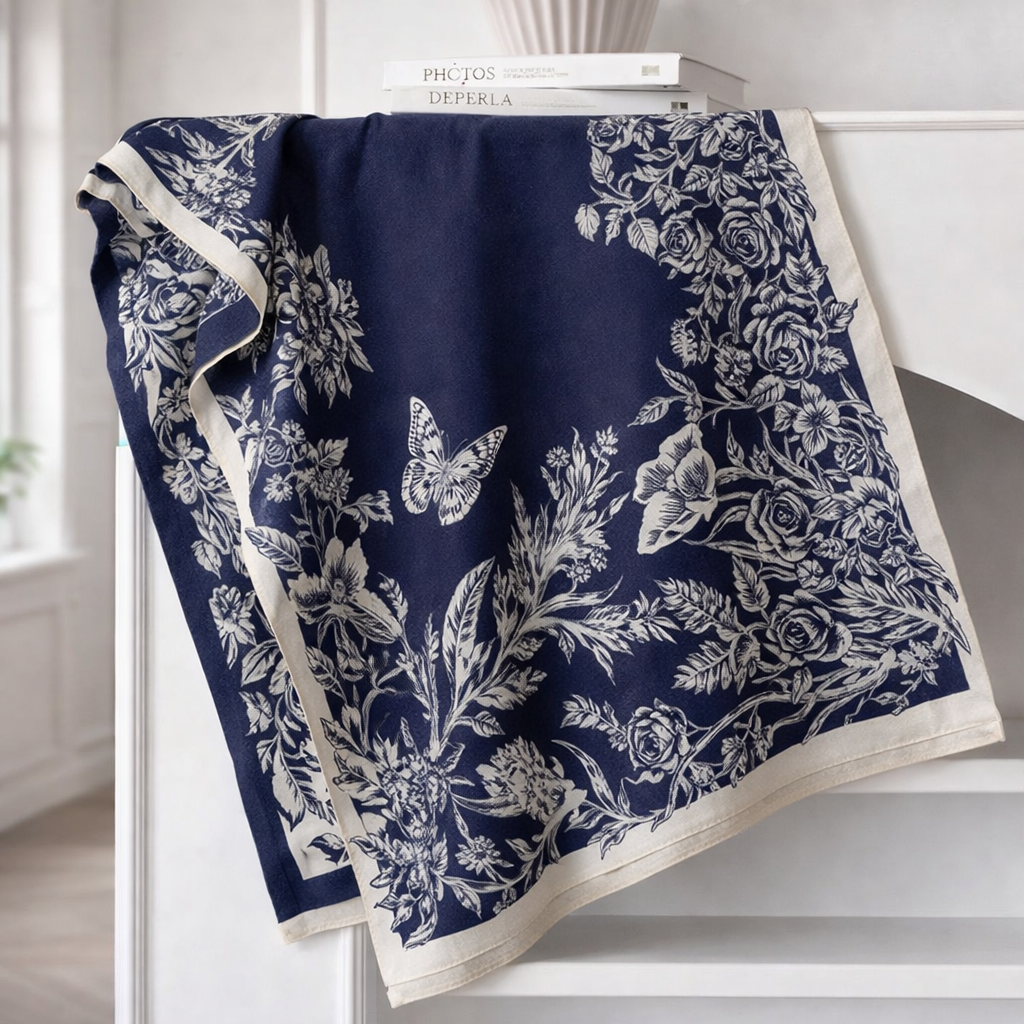 BloomWave Rose Print Shawl - Blue