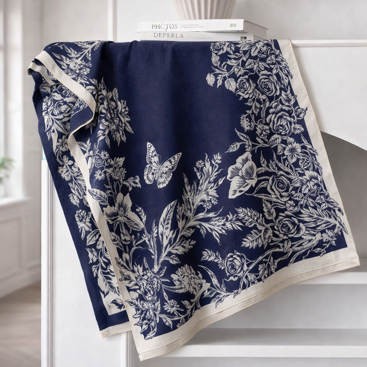 BloomWave Rose Print Shawl - Blue