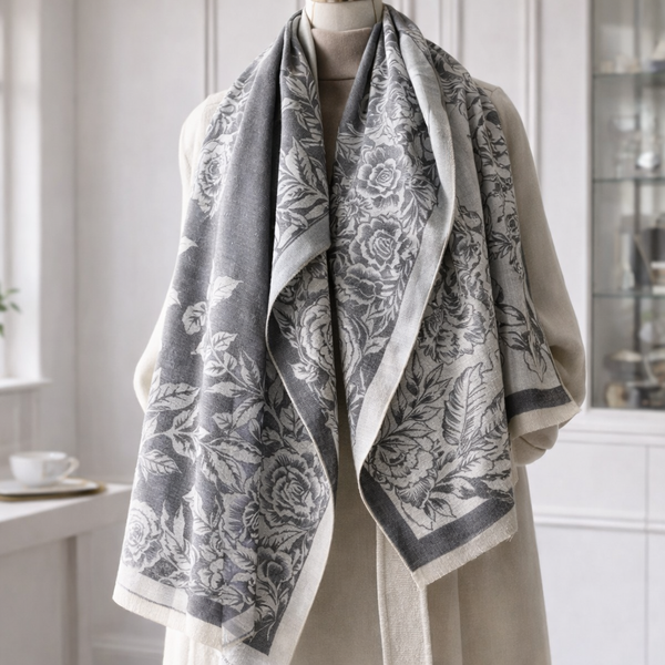 BloomWave Rose Print Shawl - Grey