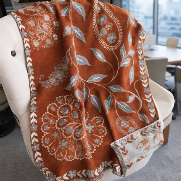 MeadowSerene Cozy Floral Shawl - Rust