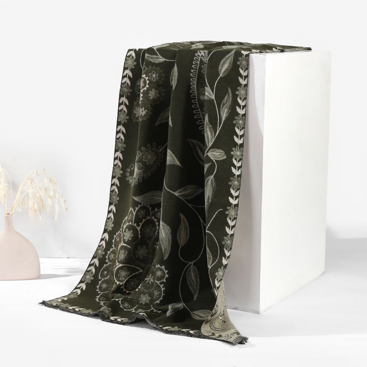MeadowSerene Cozy Floral Shawl - Olive