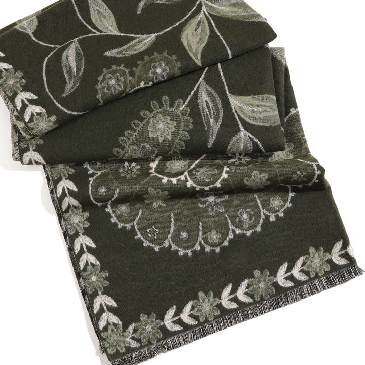 MeadowSerene Cozy Floral Shawl - Olive