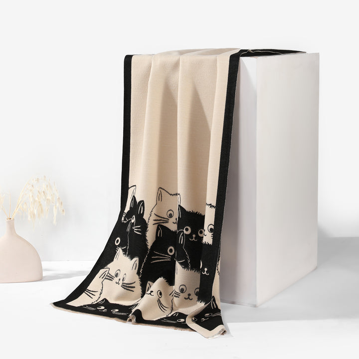 PurrHaven Cozy Cat Print Shawl - White