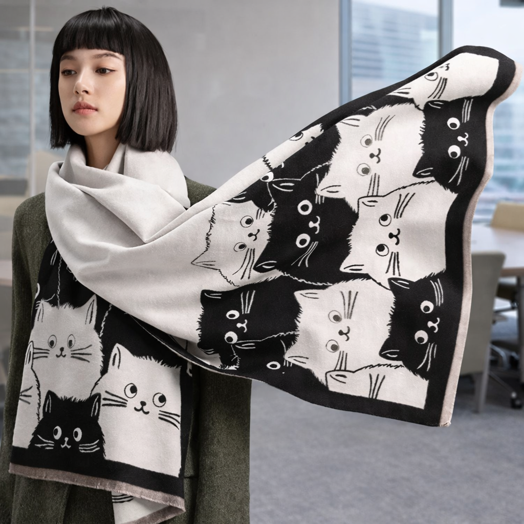 PurrHaven Cozy Cat Print Shawl - White - Salty Accessories