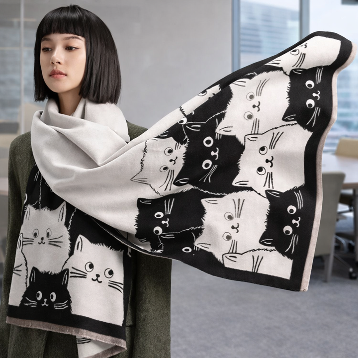 PurrHaven Cozy Cat Print Shawl - White - Salty Accessories