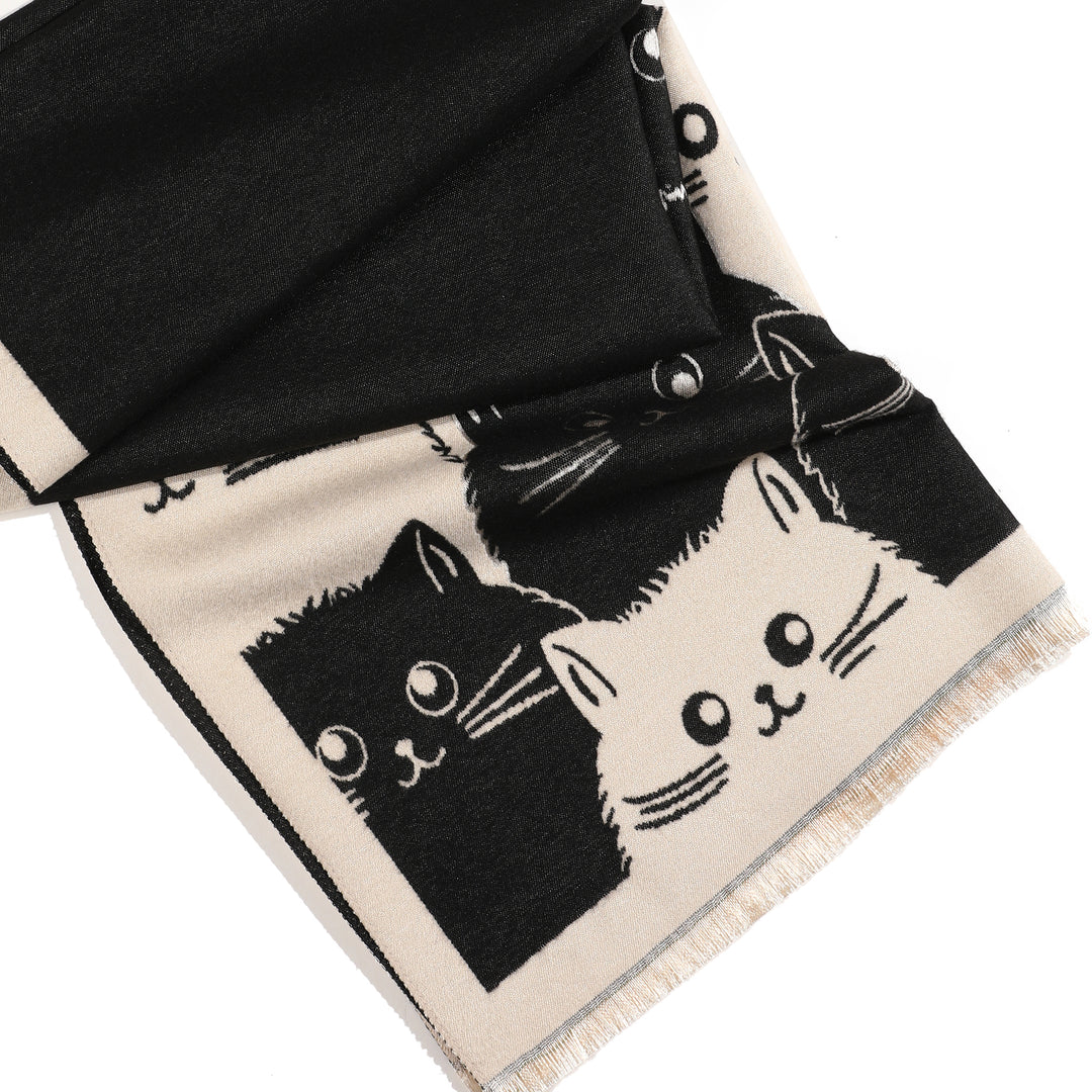 PurrHaven Cozy Cat Print Shawl - White
