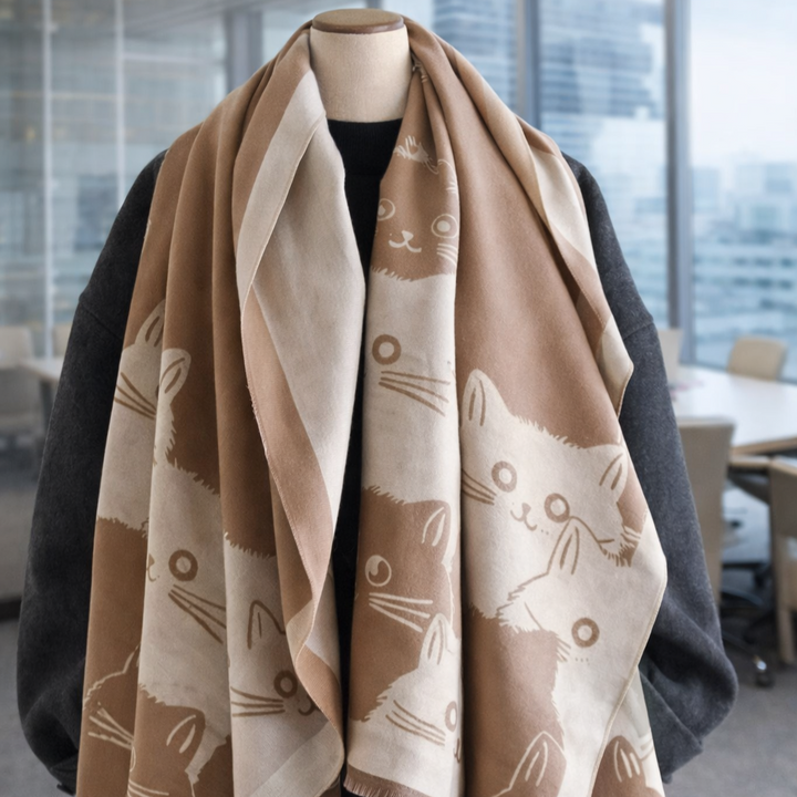 PurrHaven Cozy Cat Print Shawl - Brown