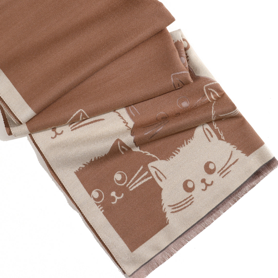 PurrHaven Cozy Cat Print Shawl - Brown