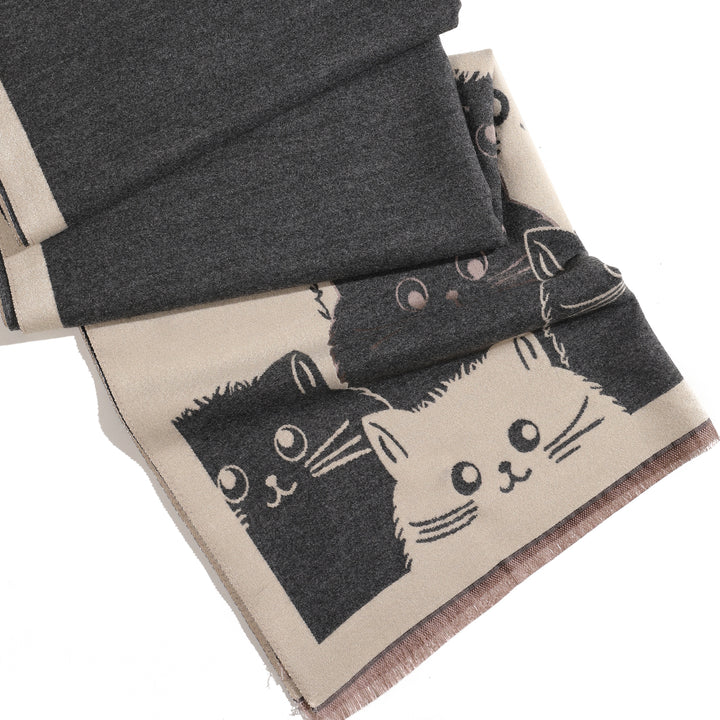 PurrHaven Cozy Cat Print Shawl - Beige