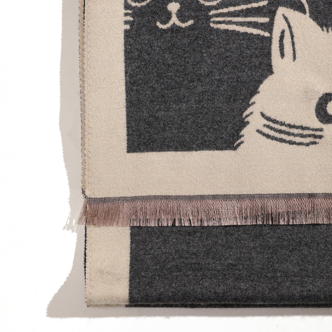 PurrHaven Cozy Cat Print Shawl - Beige
