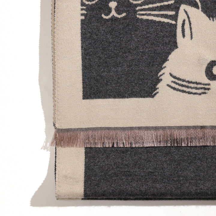 PurrHaven Cozy Cat Print Shawl - Beige