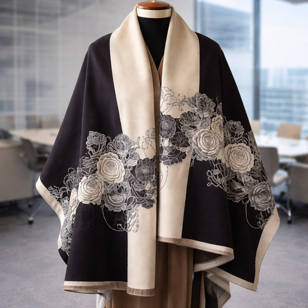 Reversible Rose Elegance Shawl - Black - Salty Accessories