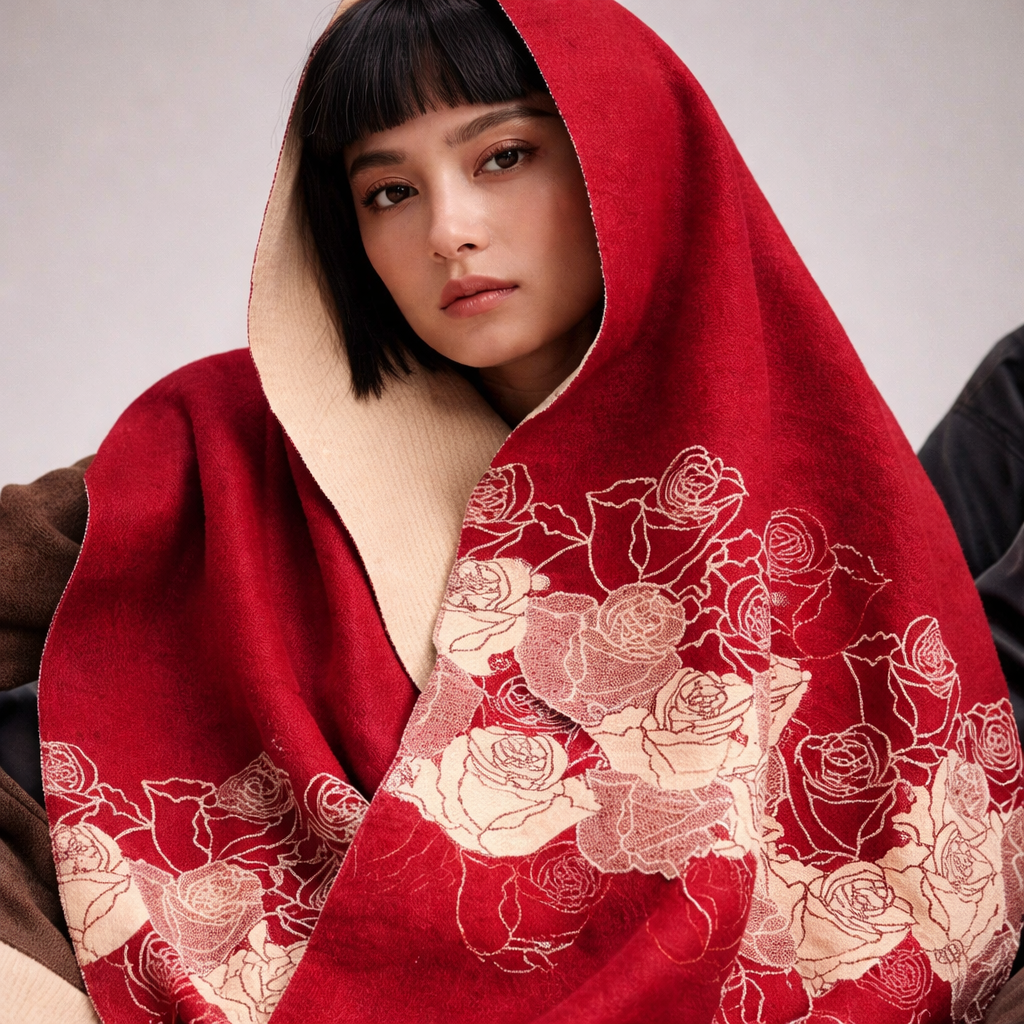 Reversible Rose Elegance Shawl - Maroon - Salty Accessories