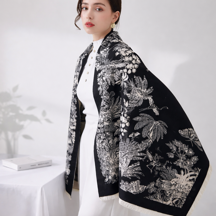 Tropical Garden Luxe Shawl - Black - Salty Accessories