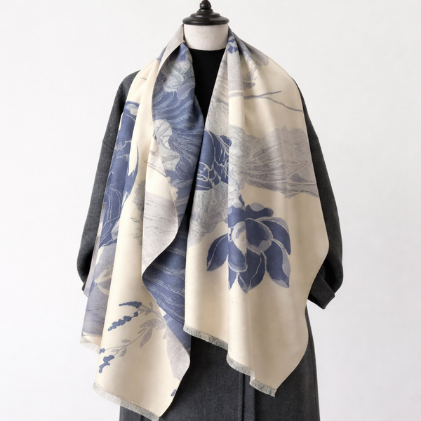 PetalWhisper Blush Floral Shawl - Blue