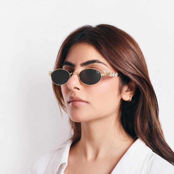 Glamour Oval Crystal Sunglasses - (Gold-Grey)