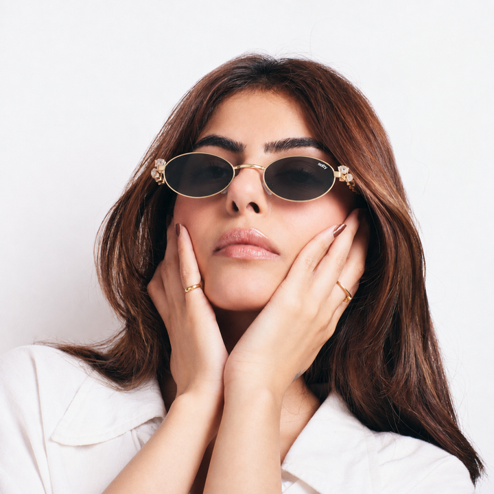 Glamour Oval Crystal Sunglasses - (Gold-Grey)