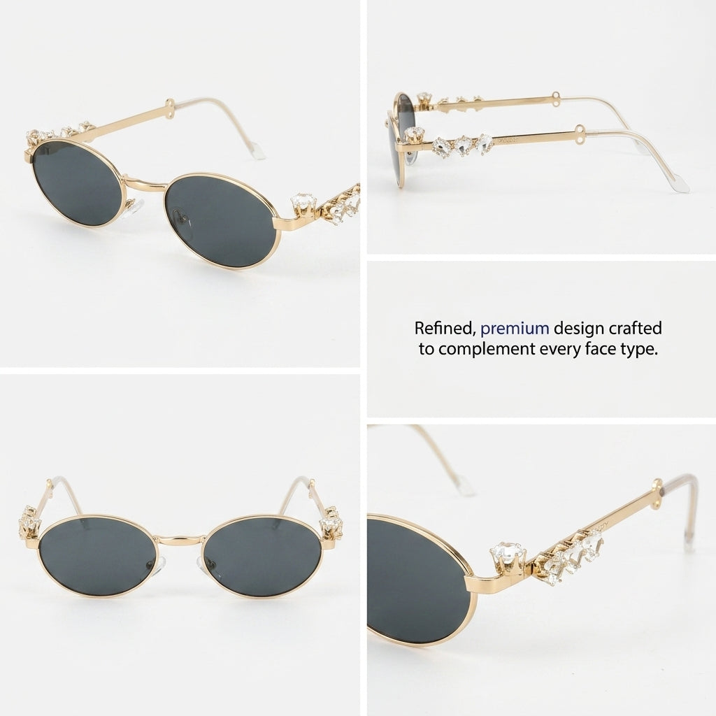 Glamour Oval Crystal Sunglasses - Gold